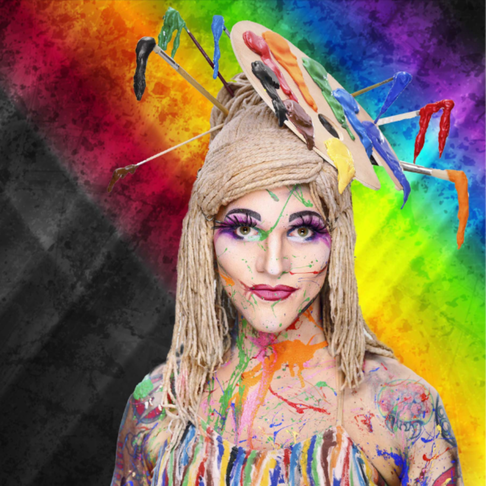 Creative portrait with rainbow background, person in colorful paint splatter makeup, rope‑like hair holding painter’s palette and dripping brushes, symbolizing artistic fashion and self‑expression