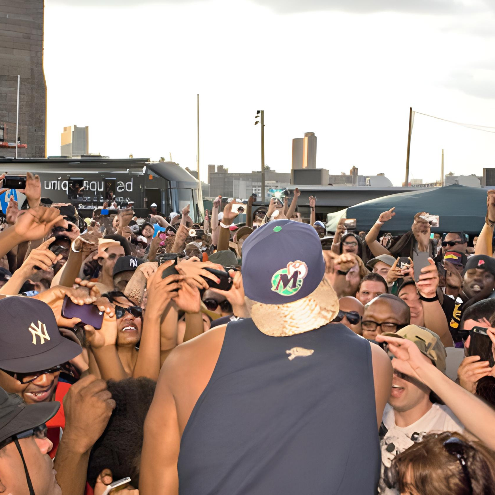 A live hip-hop artist with a green logo cap performing directly in front of an enthusiastic crowd holding up smartphones at an outdoor New York festival