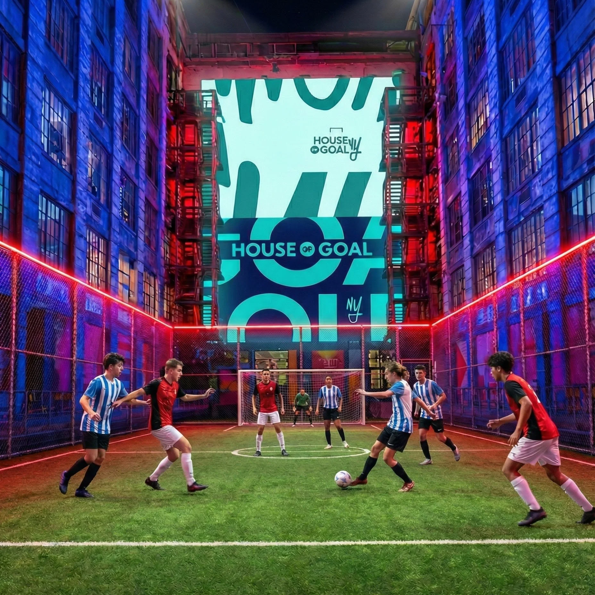 A mini turf soccer field hosted in a neon-lit industrial courtyard for the House of GOAL festival, featuring soccer players in action surrounded by high-rise brick buildings