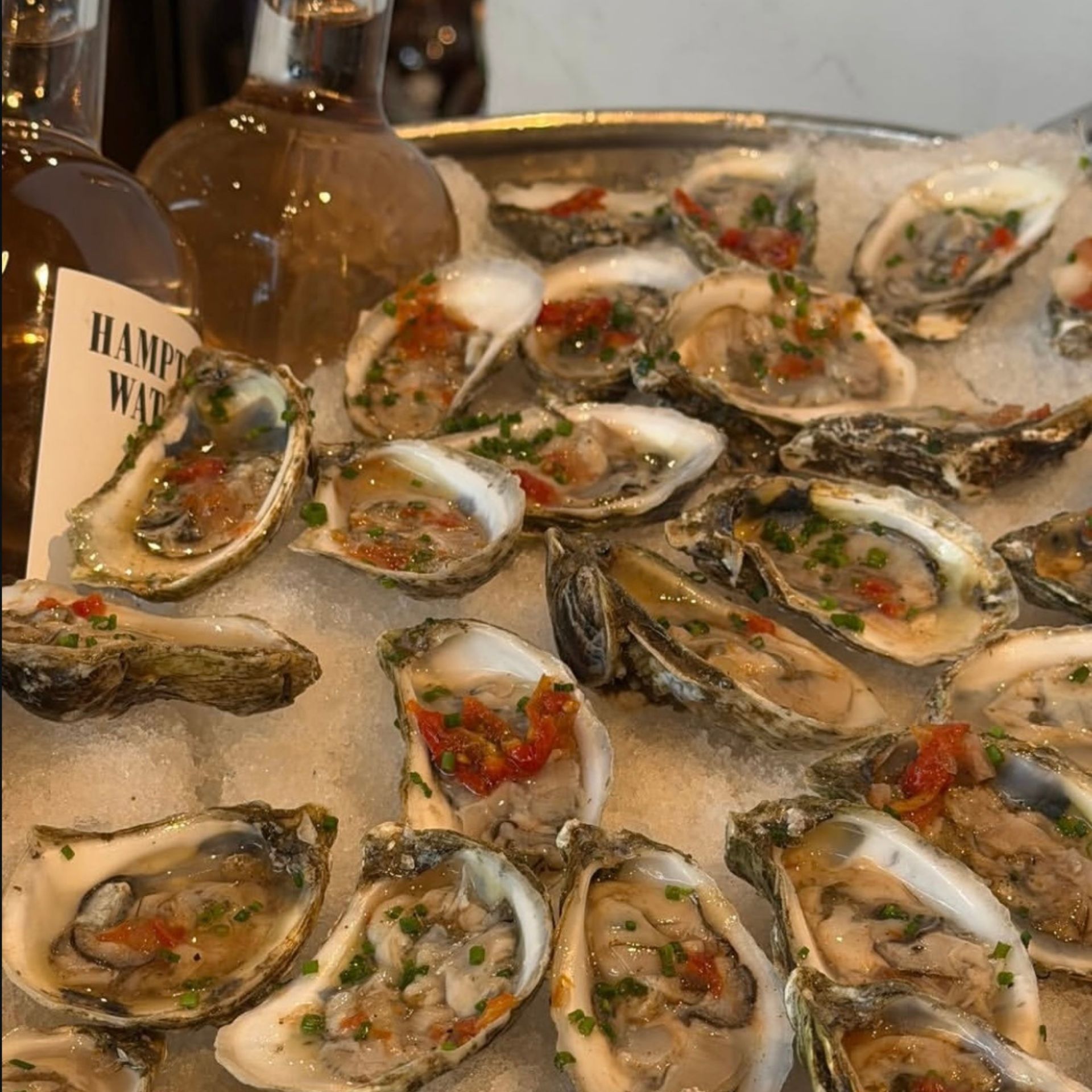 Oysters and wine on the bar at Sungold Arlo Williamsburg before the seated dinner