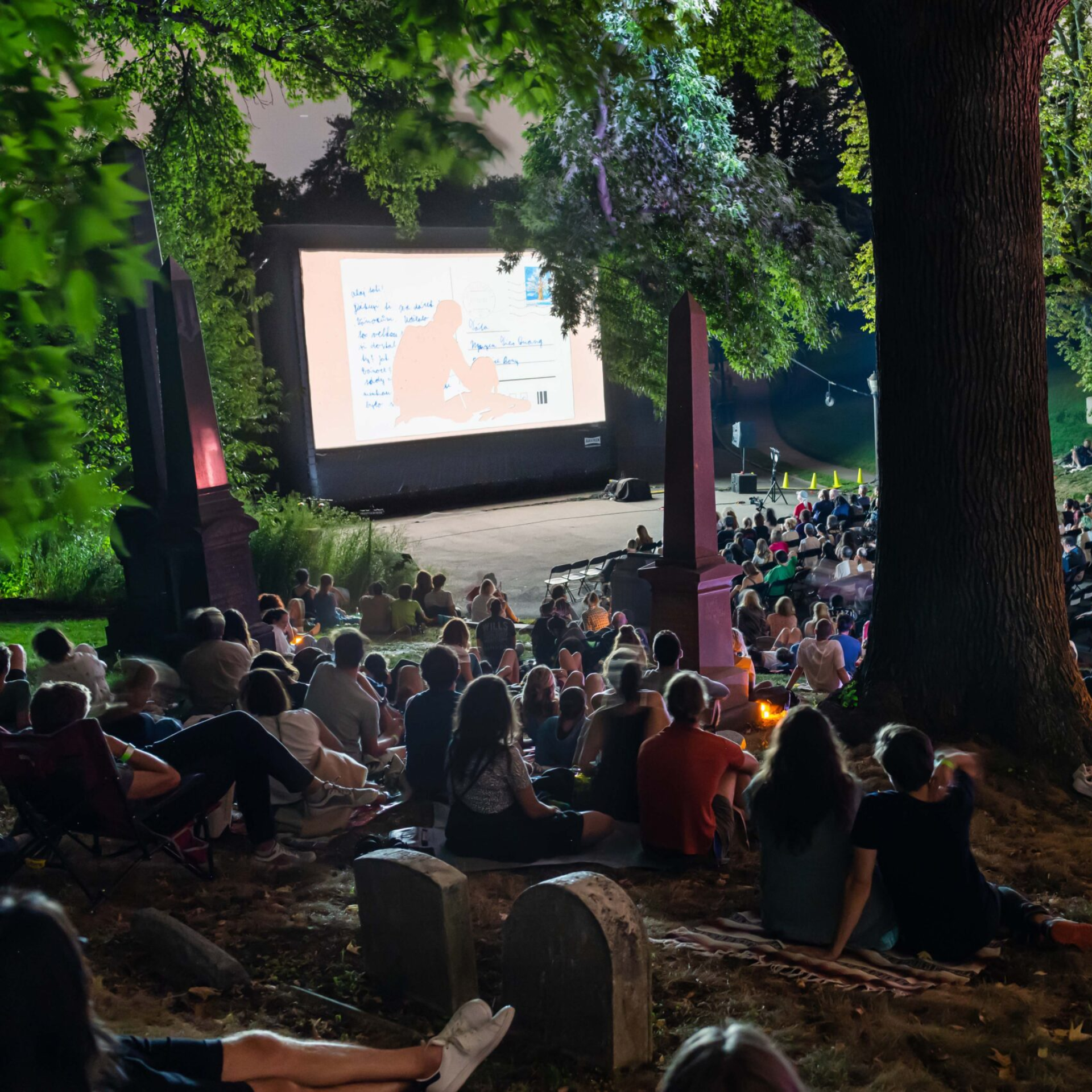 NYC outdoor night movie screening in park with crowd on blankets and chairs under tall trees, cozy communal cinema featured in daily things to do in NYC any day