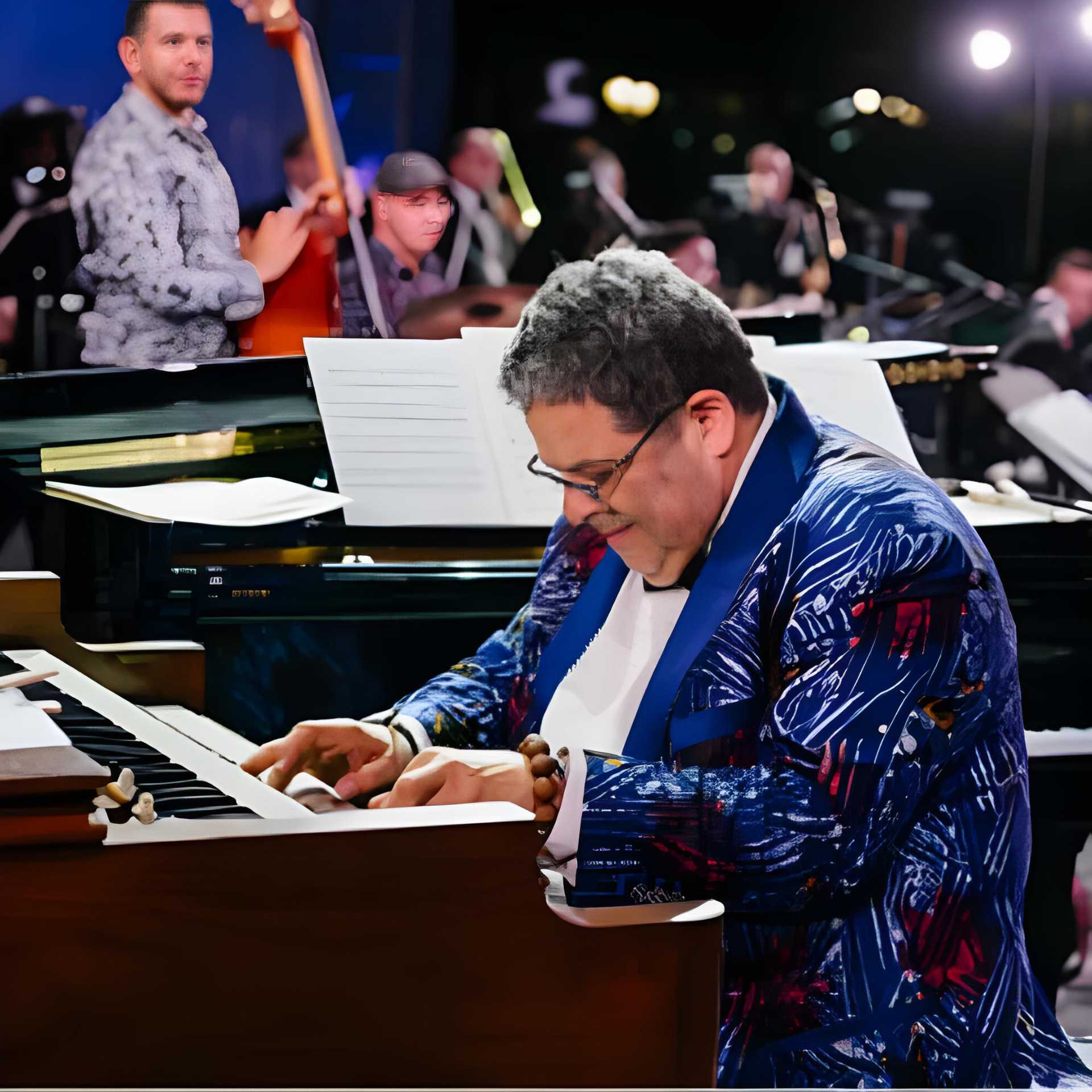 Musician in patterned blue jacket playing piano with jazz ensemble on stage, NYC live performance featured in daily things to do in NYC any day