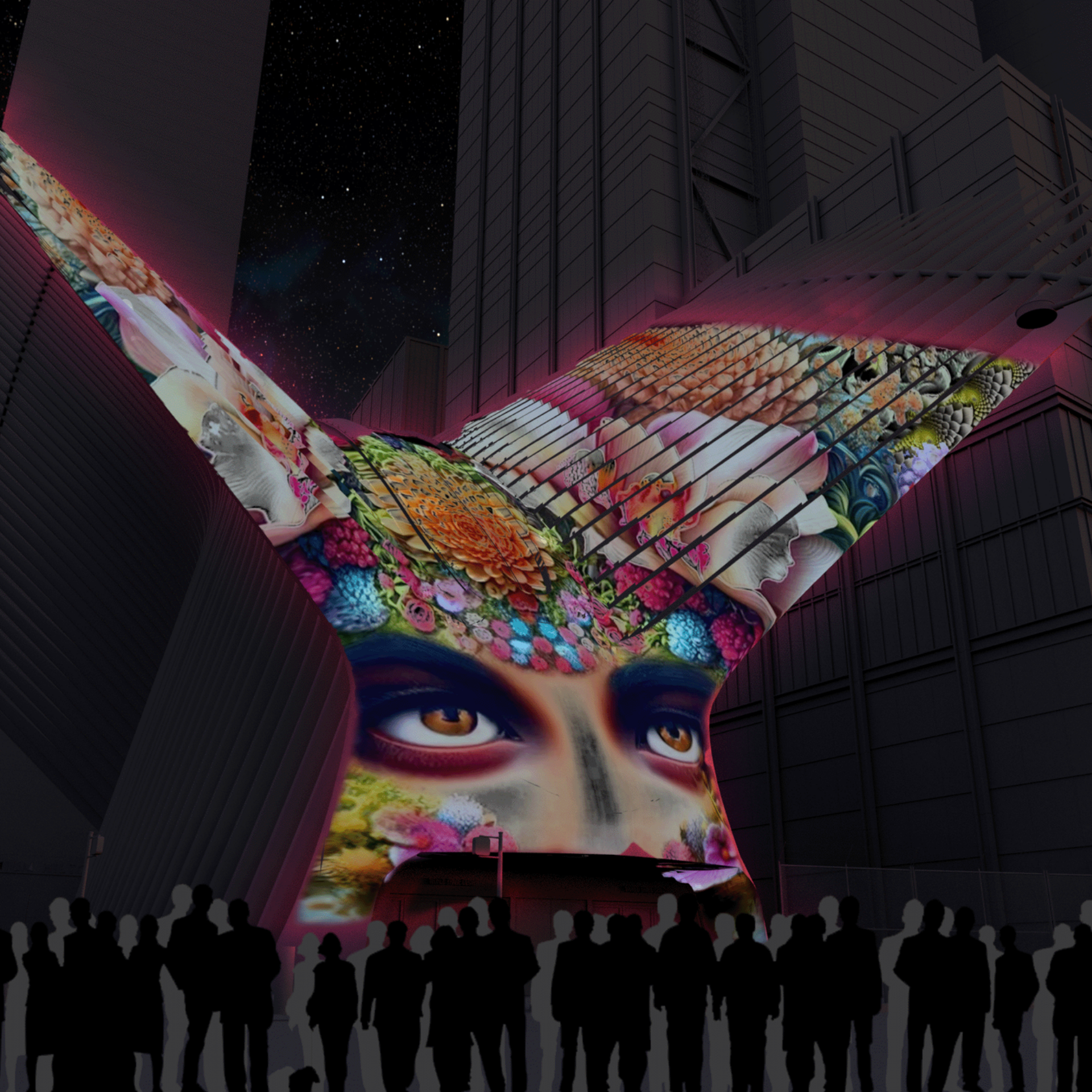 NYC Labor Day digital art projection on angular urban structure with surreal eyes and floral patterns, public night installation featured in daily things to do in NYC any day