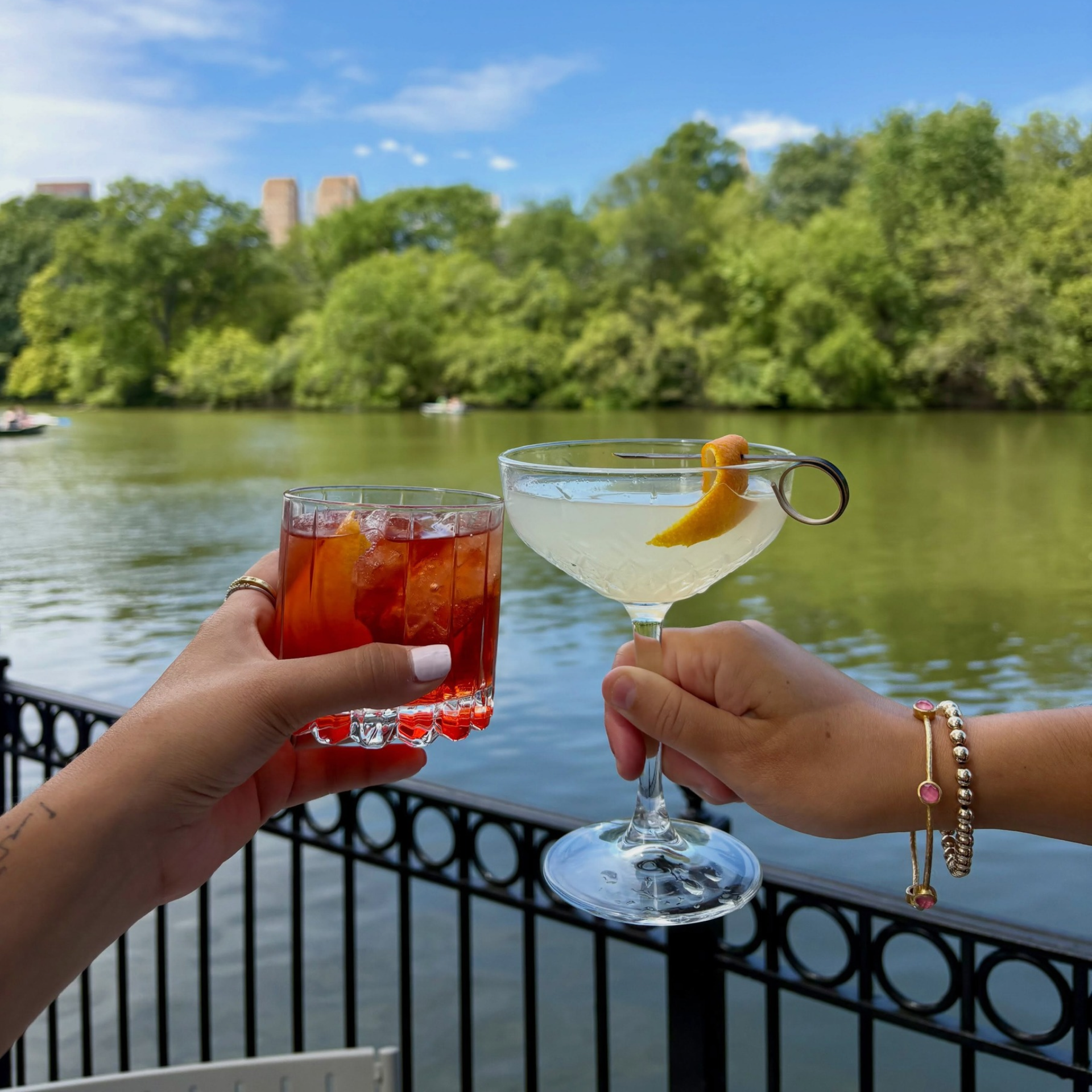 Two cocktails held before scenic lake view